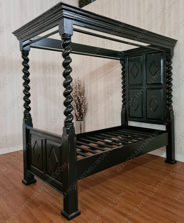 Black Distressed XL Twin Canopy Four Post Bed