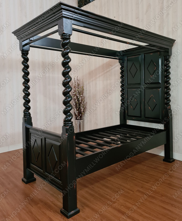 Custom Mahogany Black Distressed XL Twin Canopy Four Post Bed