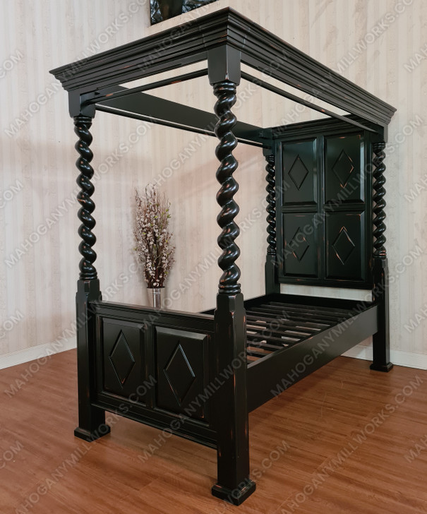 Black Distressed XL Twin Canopy Four Post Bed