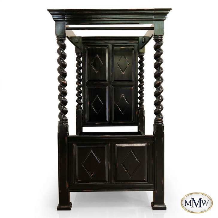 Black Distressed XL Twin Canopy Four Post Bed
