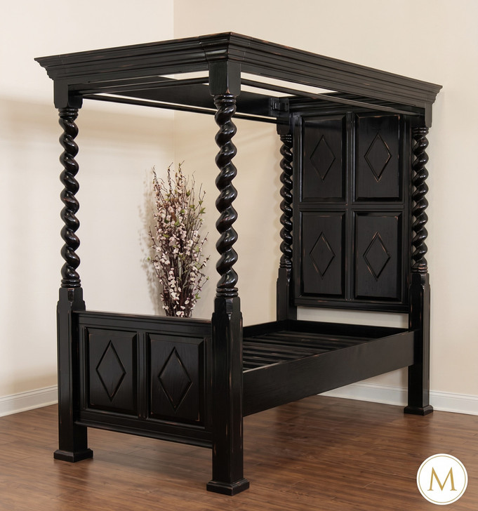 Black Distressed XL Twin Canopy Four Post Bed