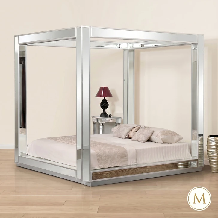 Modern Mirrored Four Poster Canopy Bed