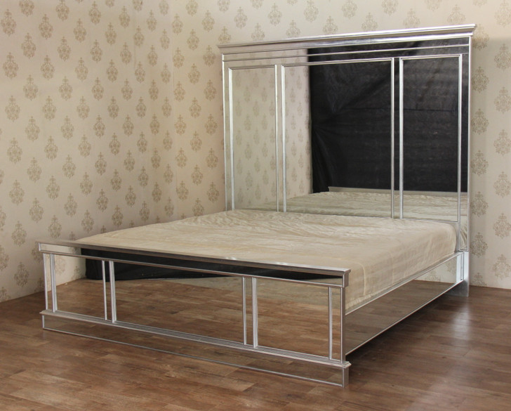 Contemporary Mirrored Panel Bed w/ Large Mirrored Headboard