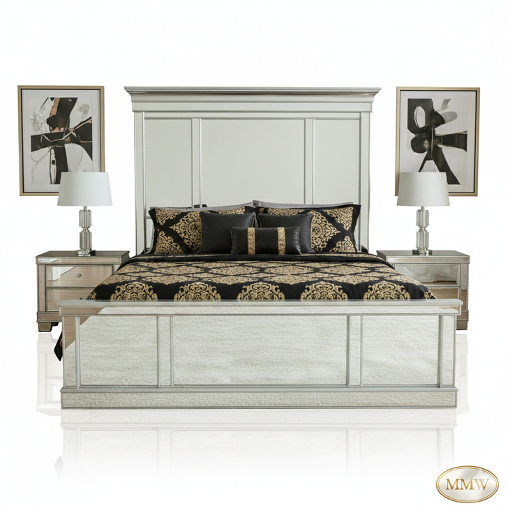 Modern Mirrored Panel Bed w/ Tall Headboard