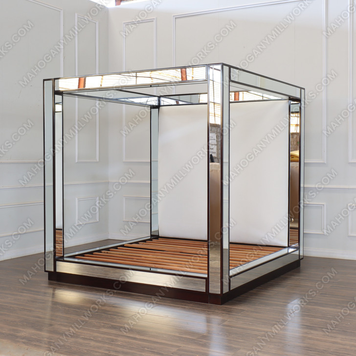 Luxurious Mirrored Canopy Bed w/ White Upholstered Headboard