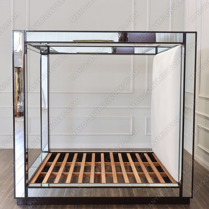 Luxurious Mirrored Canopy Bed w/ White Upholstered Headboard