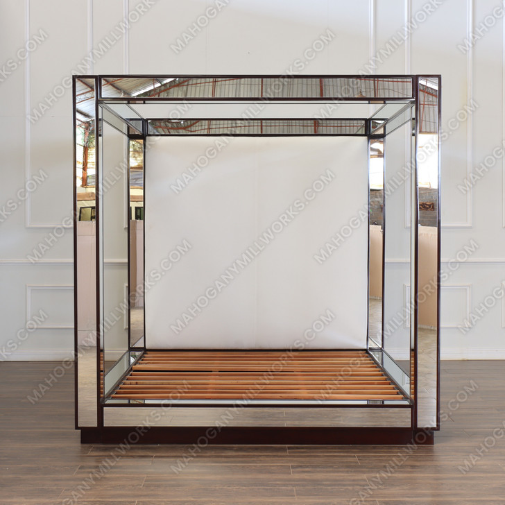 Luxurious Mirrored Canopy Bed w/ White Upholstered Headboard