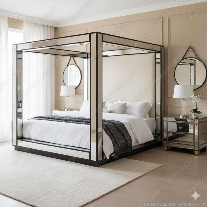 Luxurious Mirrored Canopy Bed w/ White Upholstered Headboard