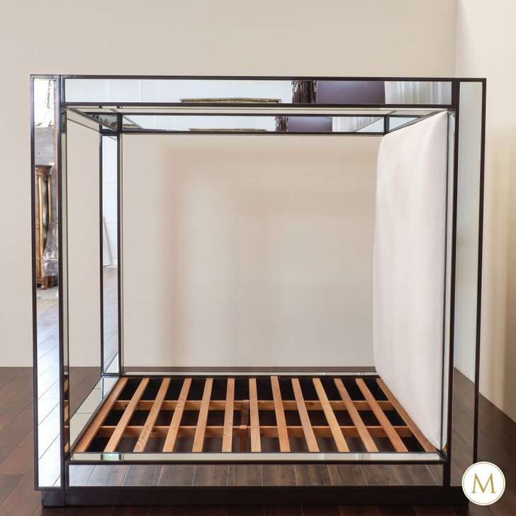 Luxurious Mirrored Canopy Bed w/ White Upholstered Headboard