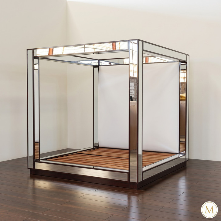 Luxurious Mirrored Canopy Bed w/ White Upholstered Headboard