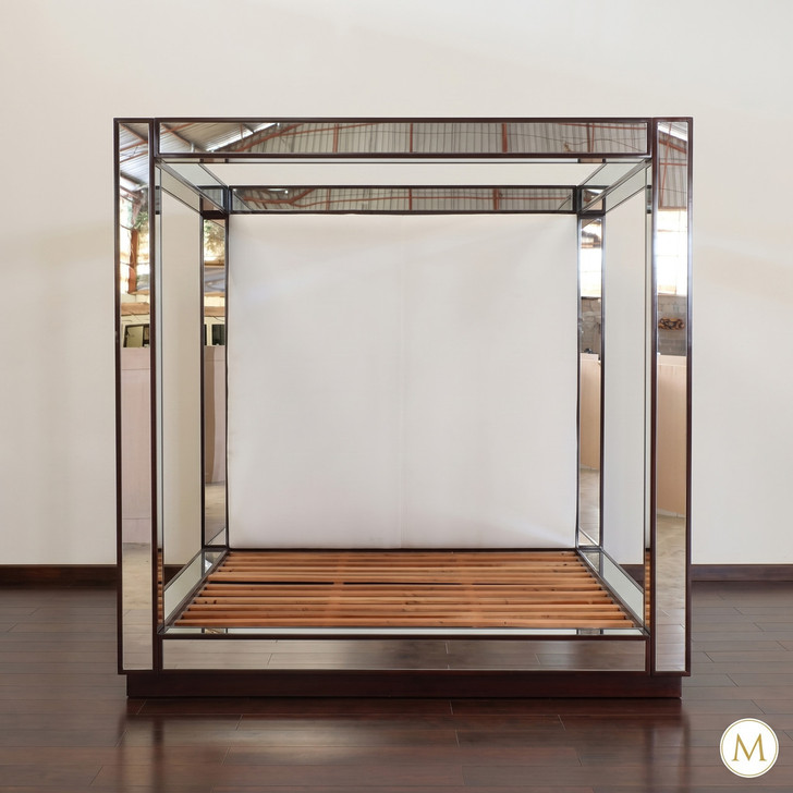 Luxurious Mirrored Canopy Bed w/ White Upholstered Headboard