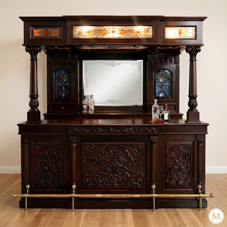 Dark Mahogany Victorian Stained Glass Canopy Pub Bar