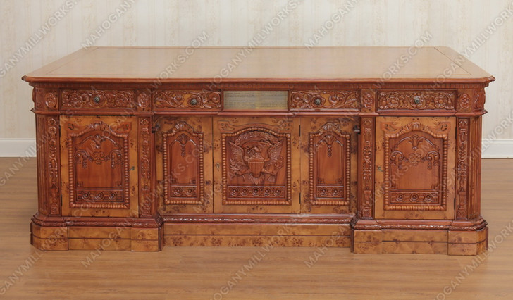 7ft Intricately Carved Resolute Desk w/ Mappa Burl Inlay Wood Top (2-Tone)