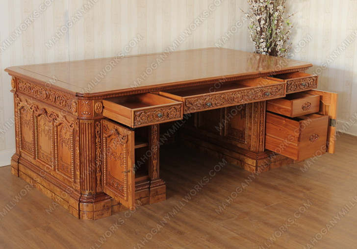 7ft Mahogany Presidential Resolute Desk w/ Mappa Burl Inlay Wood Top - 2-Tone