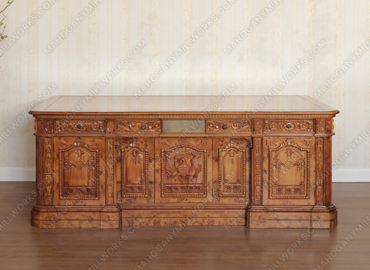 7ft Mahogany Presidential Resolute Desk w/ Mappa Burl Inlay Wood Top - 2-Tone