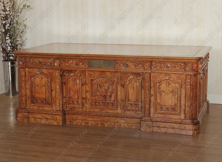 7ft Intricately Carved Resolute Desk w/ Mappa Burl Inlay Wood Top (2-Tone)