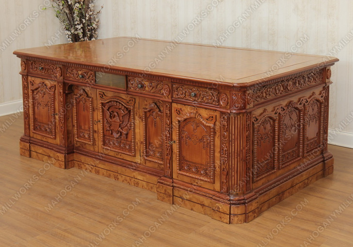 7ft Mahogany Presidential Resolute Desk w/ Mappa Burl Inlay Wood Top - 2-Tone