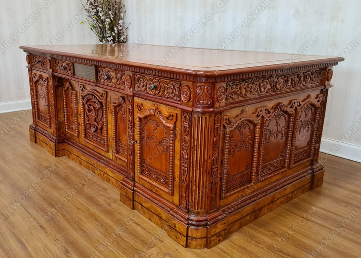 7ft Mahogany Presidential Resolute Desk w/ Mappa Burl Inlay Wood Top - 2-Tone
