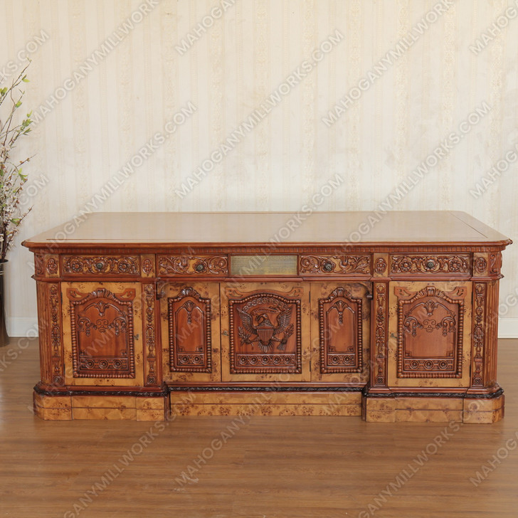 7ft Mahogany Presidential Resolute Desk w/ Mappa Burl Inlay Wood Top - 2-Tone