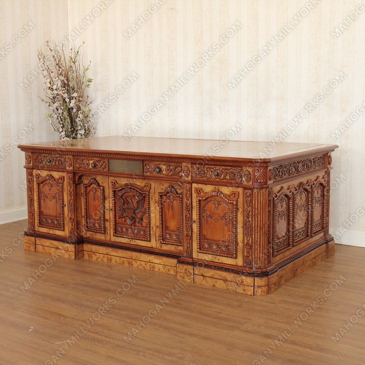 7ft Intricately Carved Resolute Desk w/ Mappa Burl Inlay Wood Top (2-Tone)