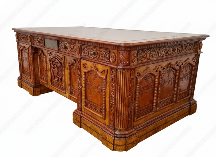 7ft Intricately Carved Resolute Desk w/ Mappa Burl Inlay Wood Top (2-Tone)