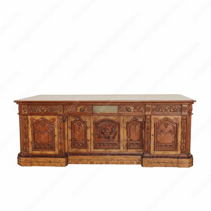 7ft Mahogany Presidential Resolute Desk w/ Mappa Burl Inlay Wood Top - 2-Tone