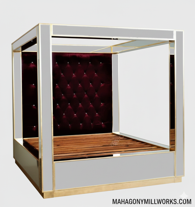 Custom 4-Post Mirrored Canopy Bed w/ Tufted Purple Velvet Headboard