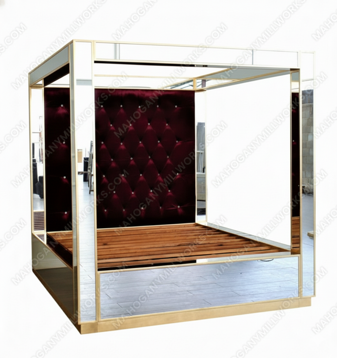 Four Post Mirrored Canopy Bed w/ Tufted Velvet Headboard
