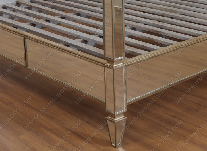 Modern Sleek Mirrored Canopy Bed w/ Velvet Headboard