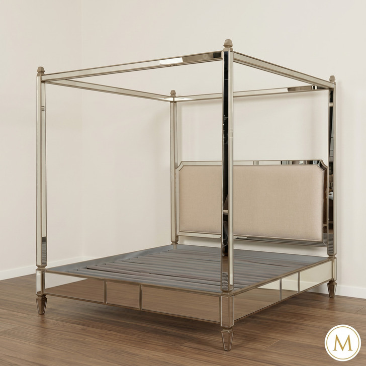 Modern Sleek Mirrored Canopy Bed w/ Velvet Headboard