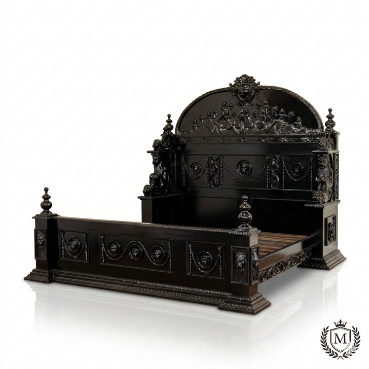Black Gothic Heavily Ornate Bed w/ Customized Carvings
