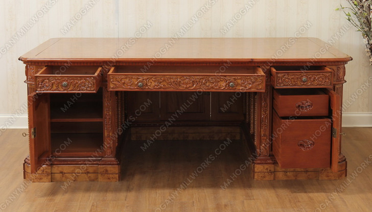 7ft Mahogany Presidential Resolute Desk w/ Mappa Burl Inlay Wood Top - Light