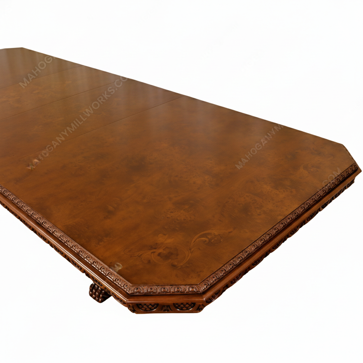 12ft Victorian Gothic Pedestal Dining or Conference Table w/ Marquetry Inlay