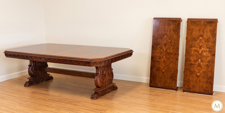 12ft Victorian Gothic Pedestal Dining or Conference Table w/ Marquetry Inlay