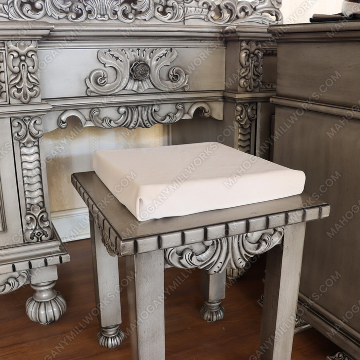 3pc Antique Grey Rococo Dressing Table w Trifold Mirror & Matching Stool