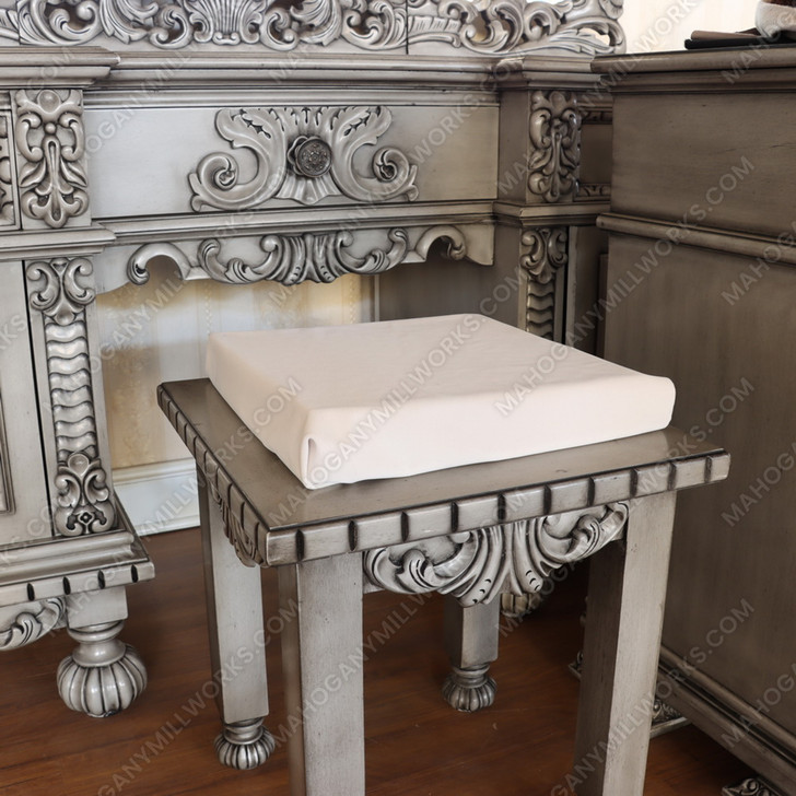 3pc Antique Grey Rococo Dressing Table w Trifold Mirror & Matching Stool