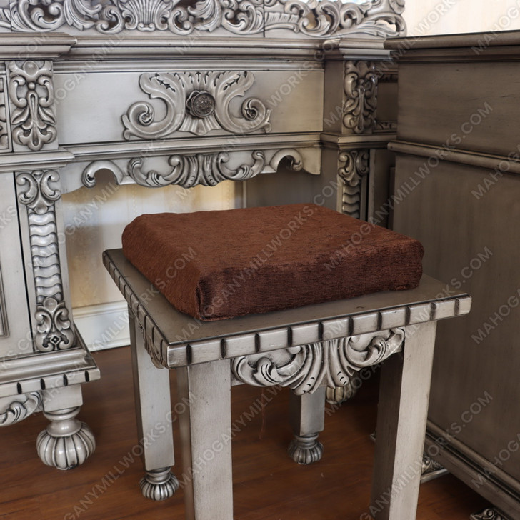 3pc Antique Grey Rococo Dressing Table w Trifold Mirror & Matching Stool