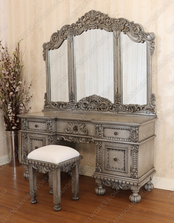 3pc Antique Grey Rococo Dressing Table w Trifold Mirror & Matching Stool
