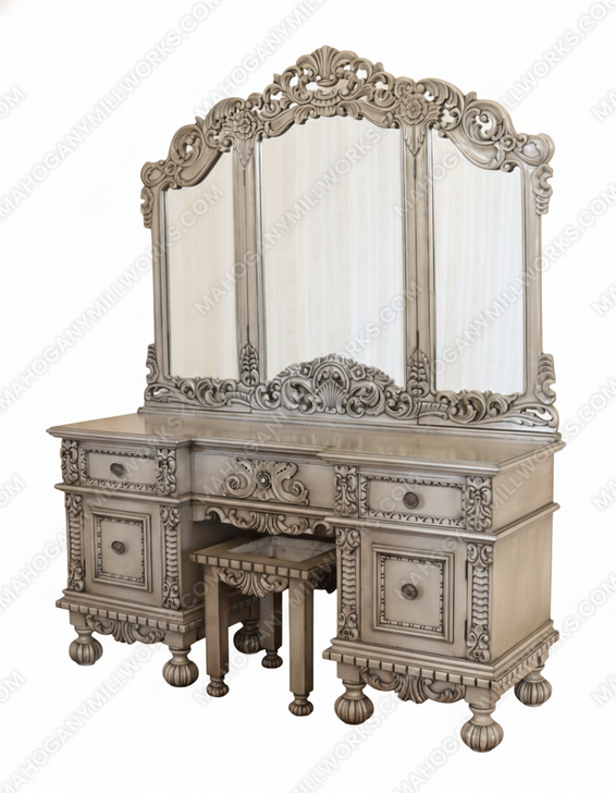 3pc Antique Grey Rococo Dressing Table w Trifold Mirror & Matching Stool