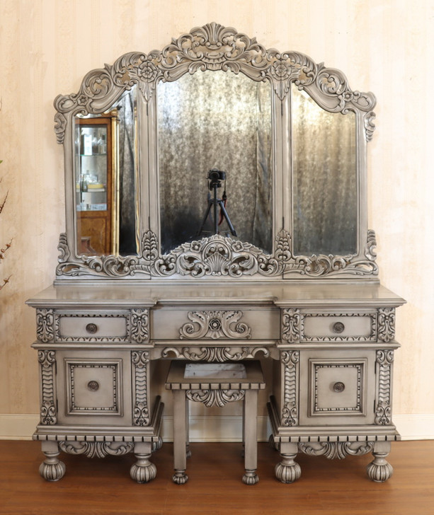 3pc Antique Grey Rococo Dressing Table w Trifold Mirror & Matching Stool