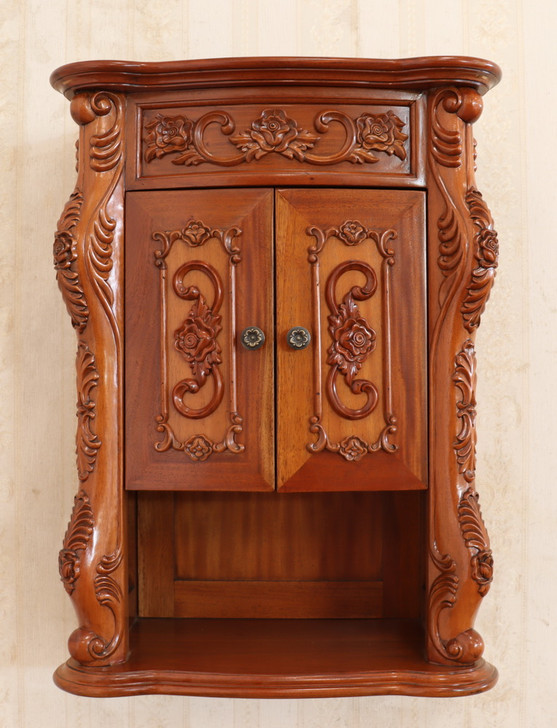 Custom mahogany over-the-toilet bathroom cabinet