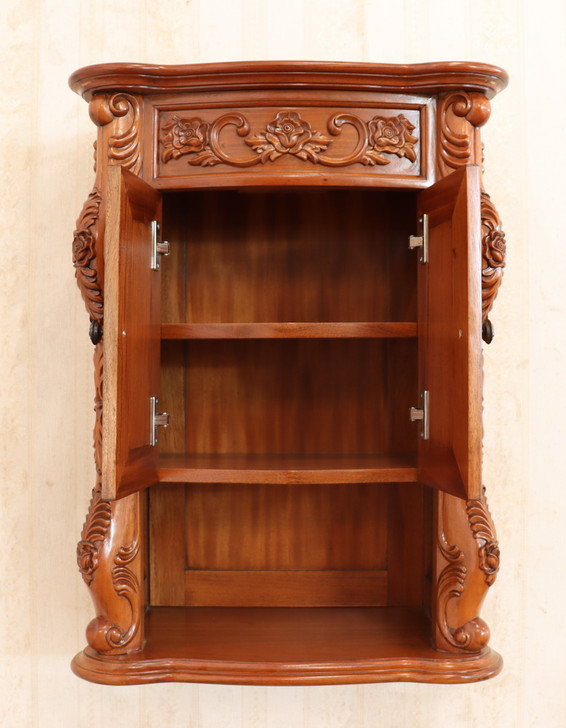 Custom mahogany over-the-toilet bathroom cabinet