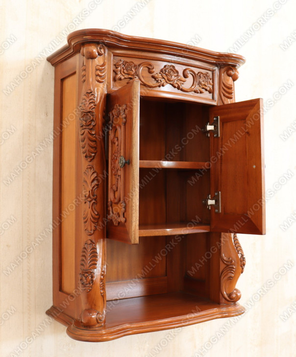 Custom mahogany over-the-toilet bathroom cabinet