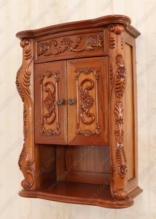 Custom mahogany over-the-toilet bathroom cabinet