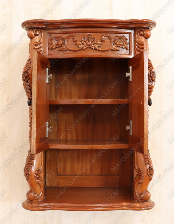 Custom mahogany over-the-toilet bathroom cabinet