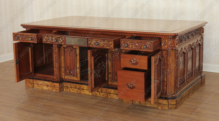 7ft Mahogany Resolute Desk w/ Mappa Burl Inlay Wood Top - 2-Tone