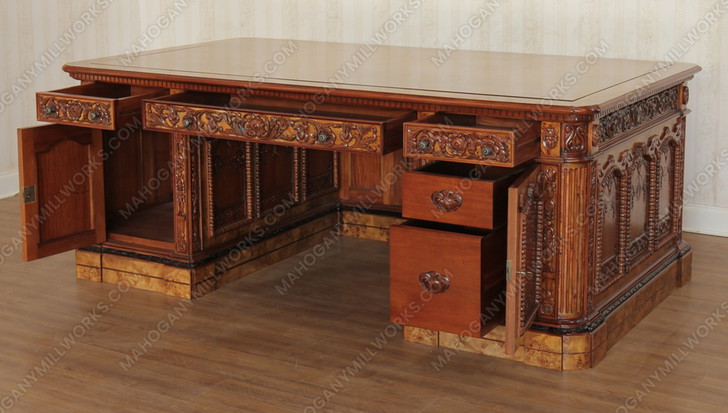 7ft Mahogany Resolute Desk w/ Mappa Burl Inlay Top - 2-Tone