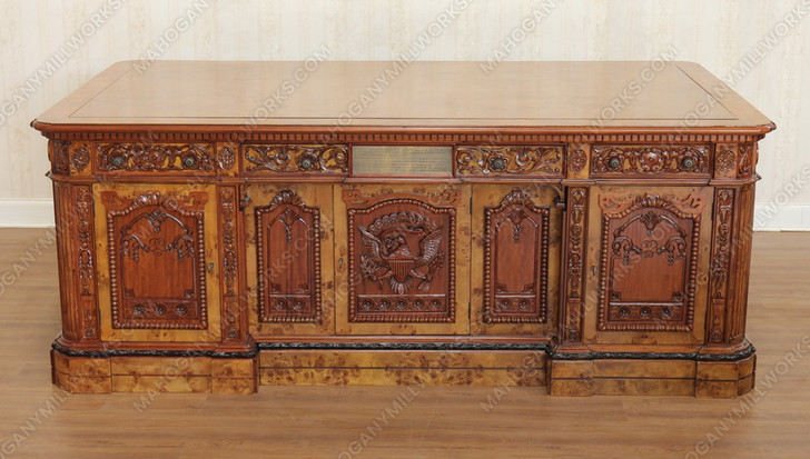 7ft Mahogany Resolute Desk w/ Mappa Burl Inlay Wood Top - 2-Tone