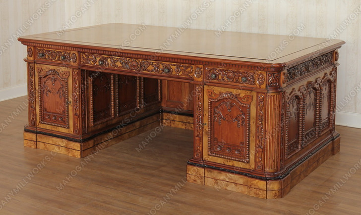 7ft Mahogany Resolute Desk w/ Mappa Burl Inlay Wood Top - 2-Tone
