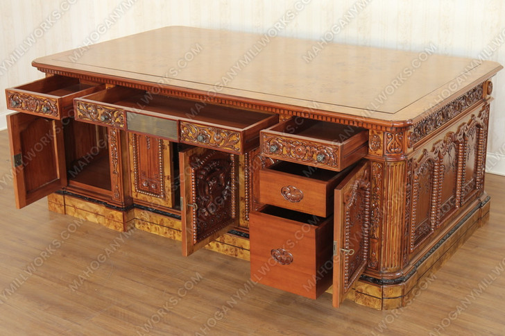 7ft Mahogany Resolute Desk w/ Mappa Burl Inlay Wood Top - 2-Tone